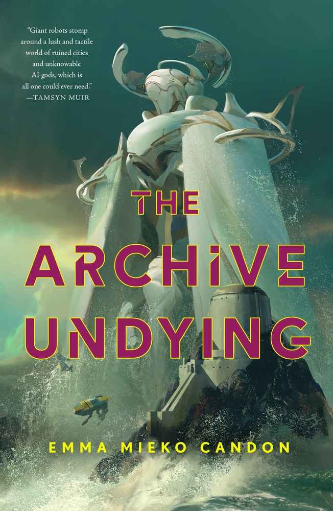 The cover for The Archive Undying, showing a giant robot standing in the sea.