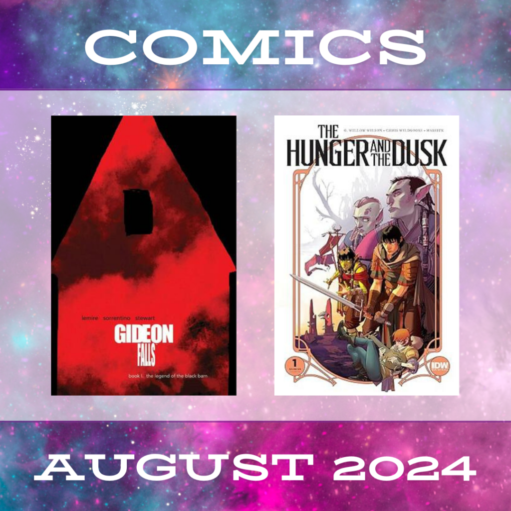 A square graphic that says "Comics" at the top and "August 2024" at the bottom. It has a nebula background and shows the covers for Gideon Falls and The Hunger and the Dusk.